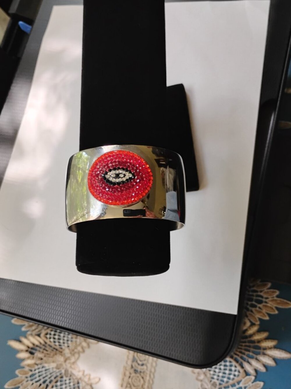 Shiny Silvertone Cuff Bangle with Red Beaded Eye - Picture 3 of 4
